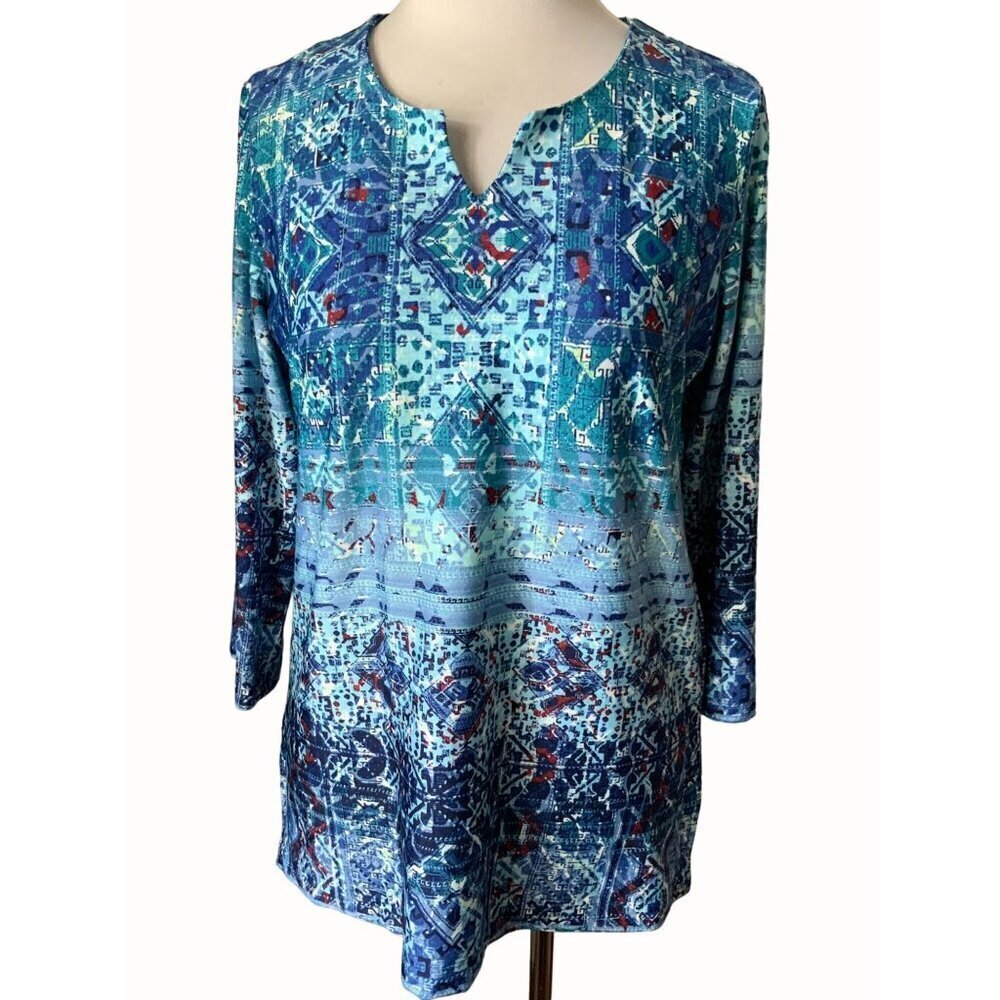 N Touch quarter sleeve spandex  blue geometric relaxed fit tunic top Small
